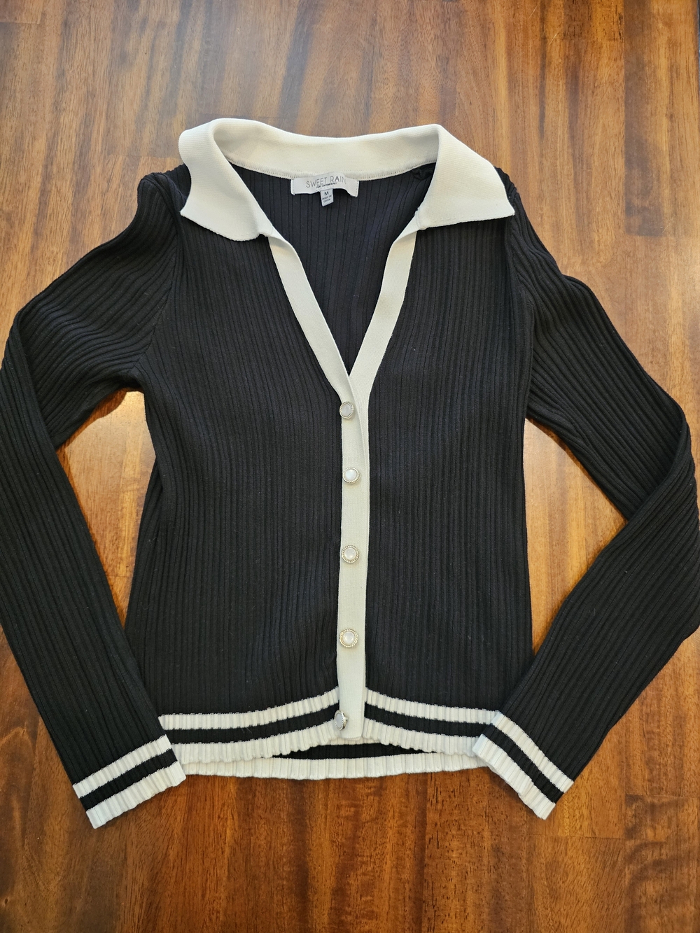 Sweet Rain Black Ribbed Collared Cardigan with White Trim Nice!